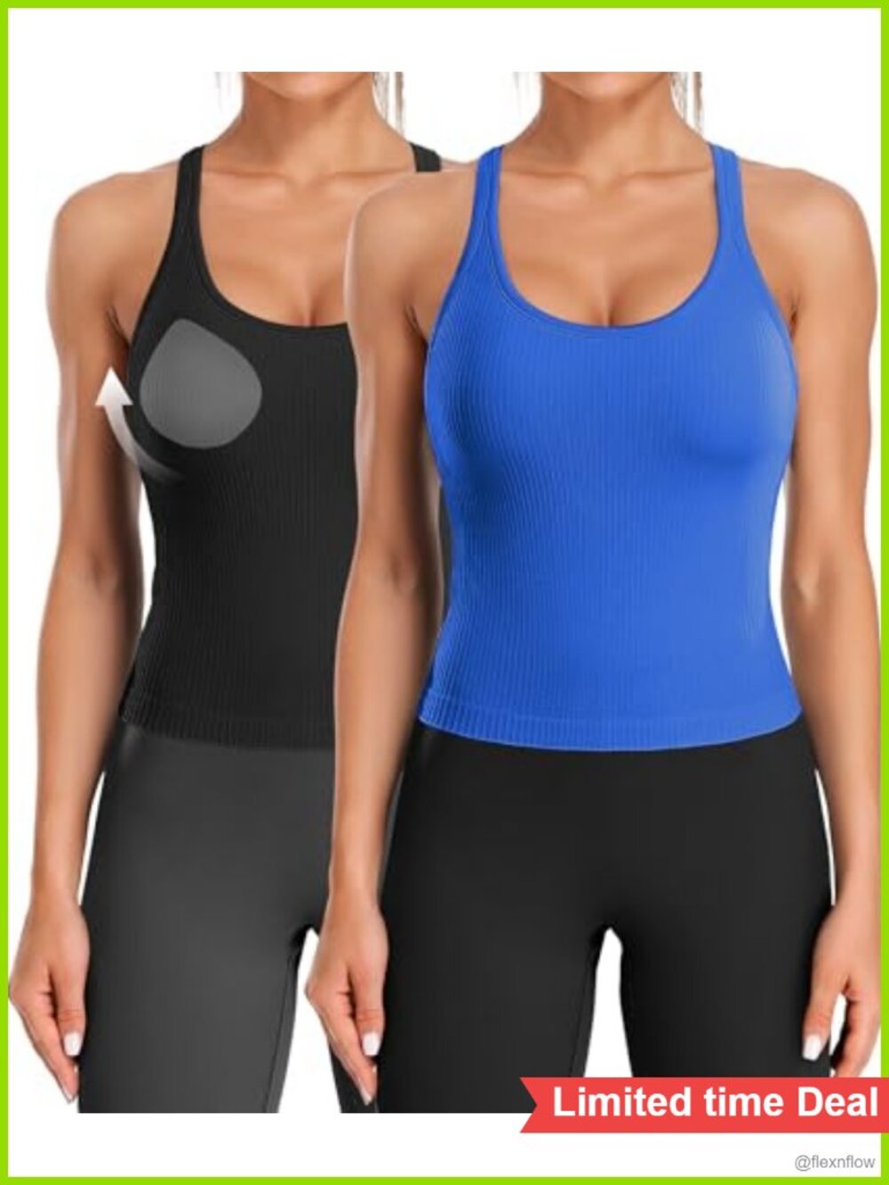 Ribflex Workout Crop Tank Tops with Built-in Bra for Women 2 Pack
